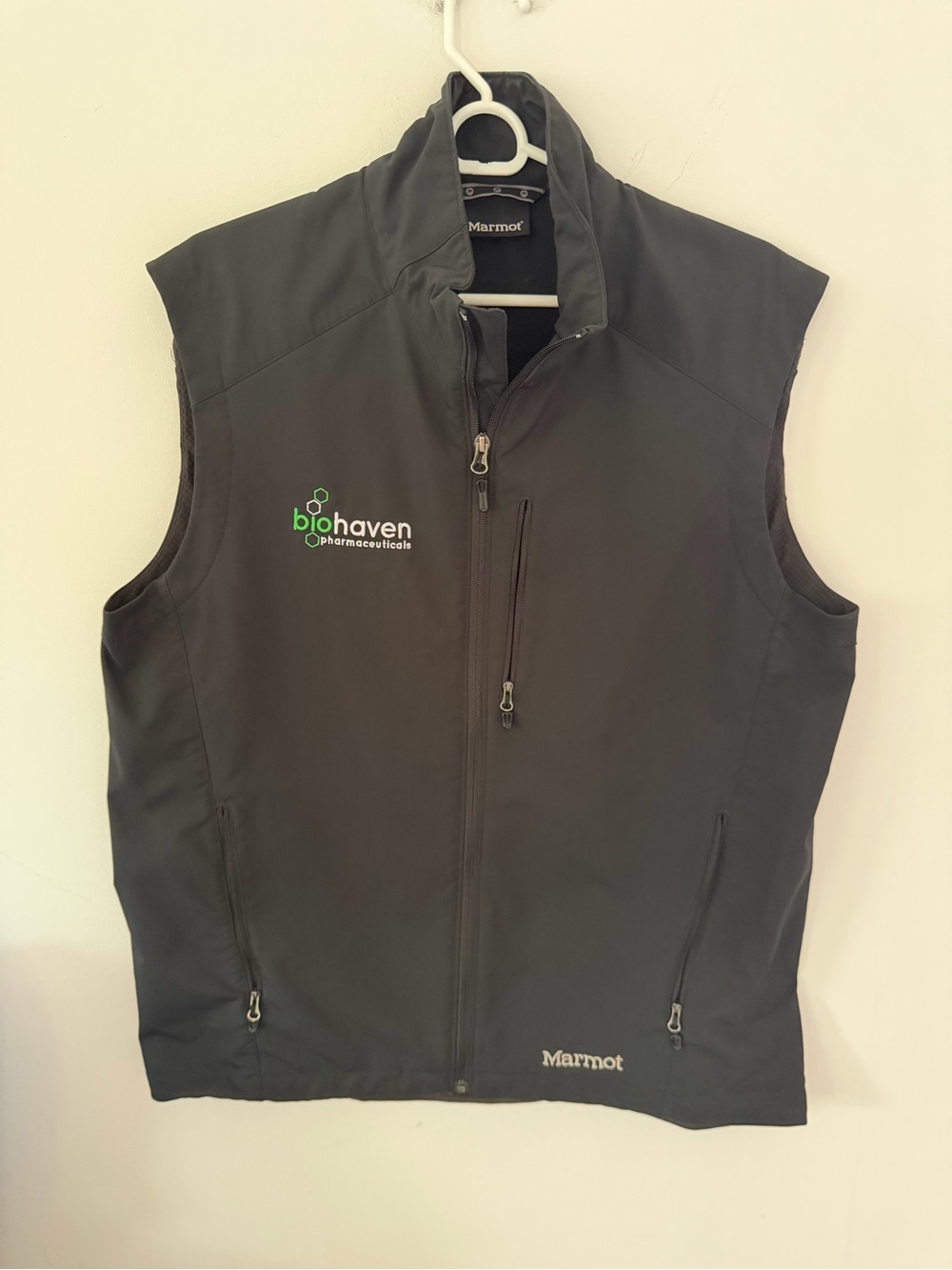 Marmot Black Softshell Vest with Green Biohaven Logo